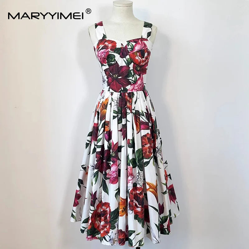 MARYYIMEI Fashion Design Summer Women's Dress Spaghetti Strap Backless Square-Neck Casual Holiday Cotton Dresses