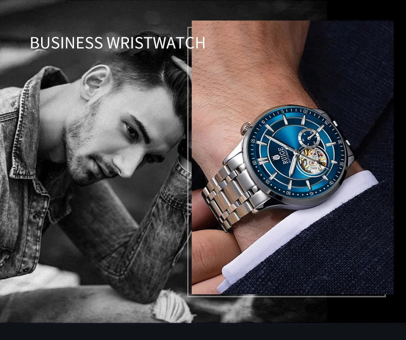 RUIGE High Quality Hollow Mechanical Movement Men's Watch Stainless Steel Fashion Men's Night Light Waterproof Watch