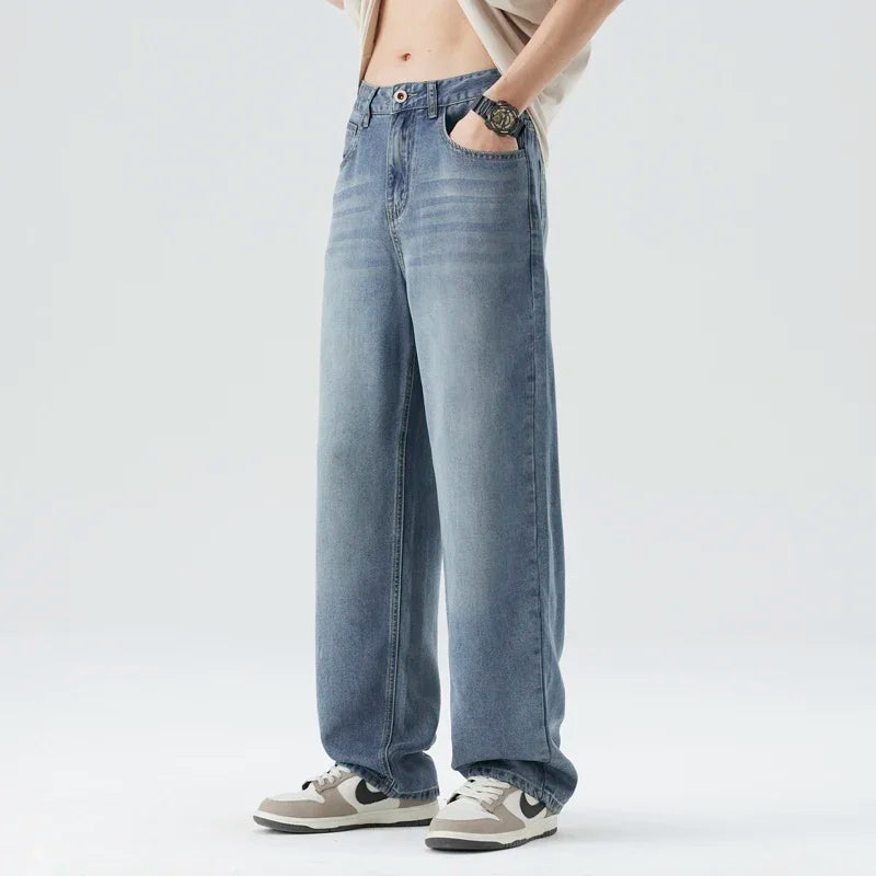 Spring Summer Thin Men's Loose Jeans Lyocell Draped Soft Fashion Loose Pants Streetswear Vintage Straight Y2K Denim Trousers