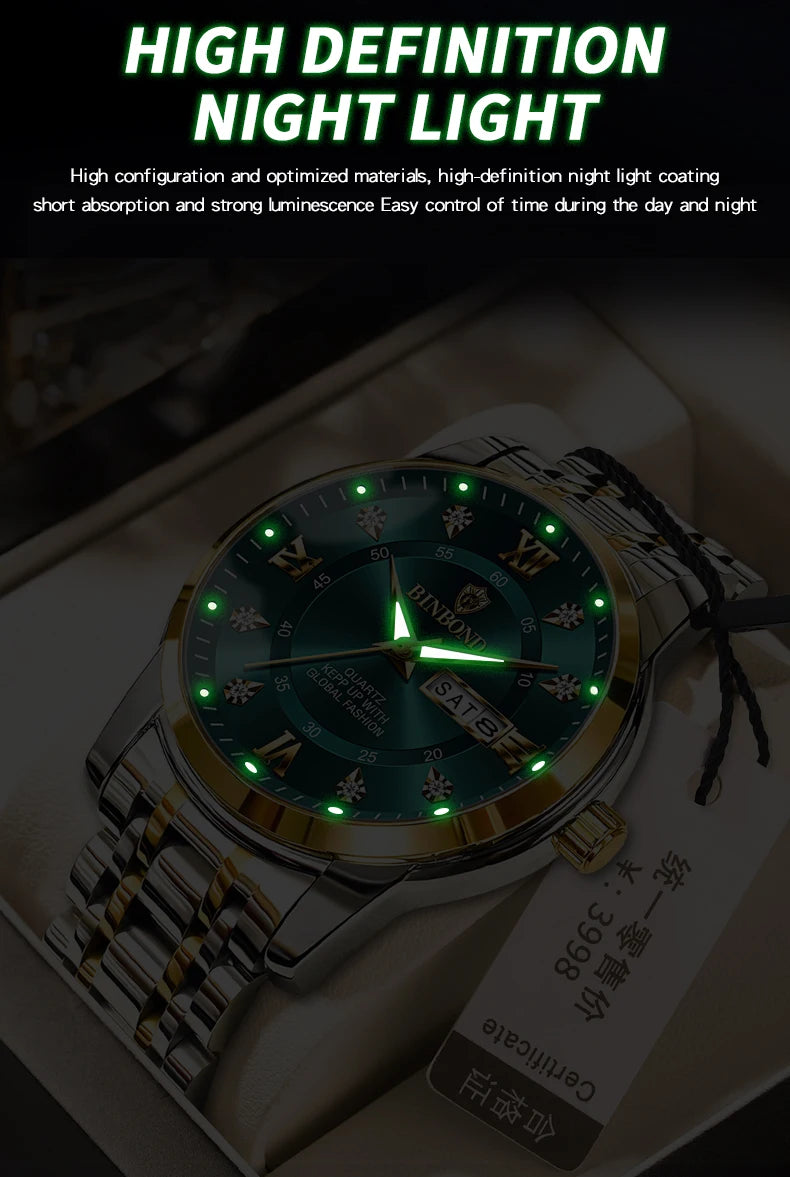 2025 Quartz Watch for Men Luxury Diamonds Gold Watch Waterproof Luminous Stainless Steel Business Men's Quartz Watch Mens Watch