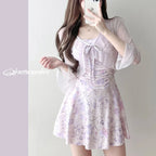 sexy Korean fashion floral print swimsuit two pieces purple ruffles bodysuits with cover mesh smock bikinis cute beach outfits