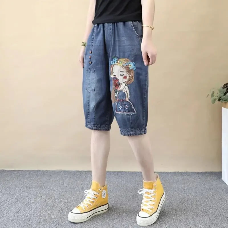 Vintage Jeans Shorts Women Summer Floral Embroidery Elastic High Waist Denim Shorts Design Wide Leg Trousers Blue Black Shorts