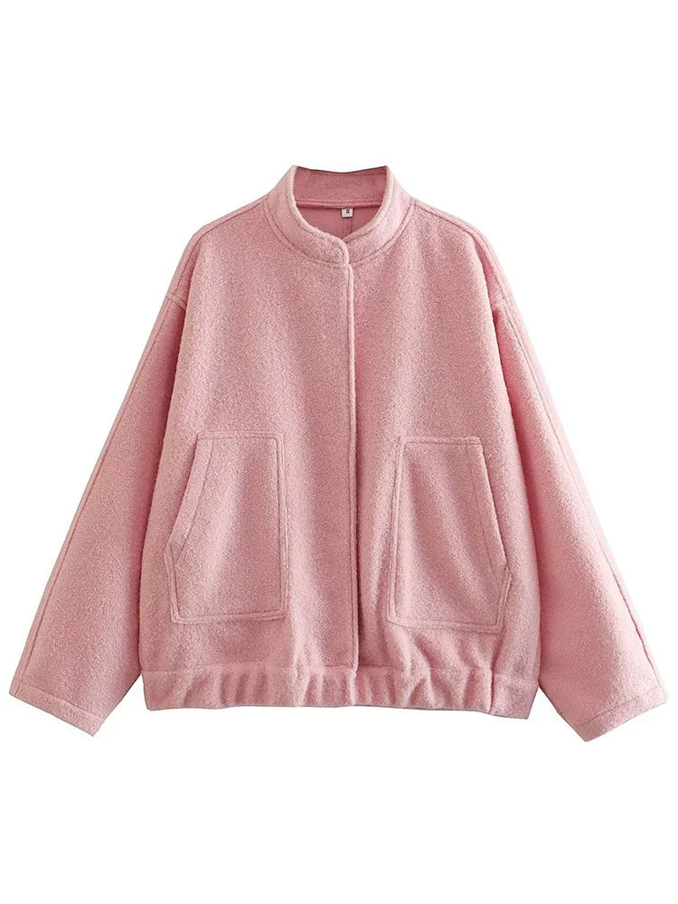 MiuKoMiYa Army Green Short Wool Blend Bomber Jackets For Women Winter Outdoor Women's Woolen Blend Coat Women Loose Wool Jacket