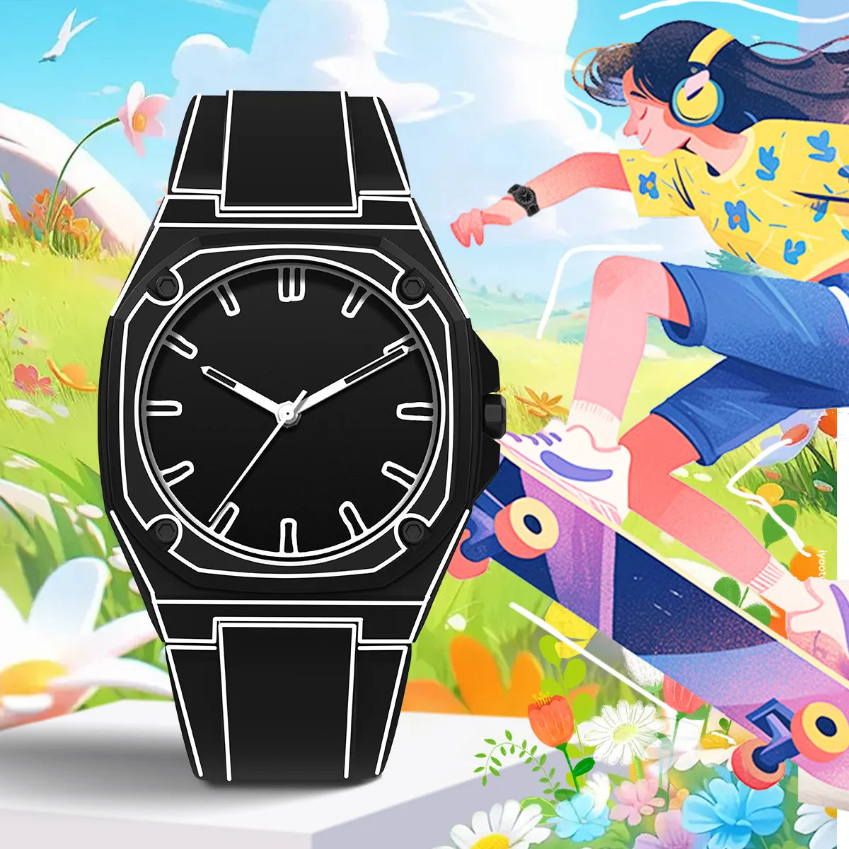 Creative Black and White Sketching Fashion Brand Men's Quartz Watch Casual Plastic Strap Waterproof Calendar Women's Watch