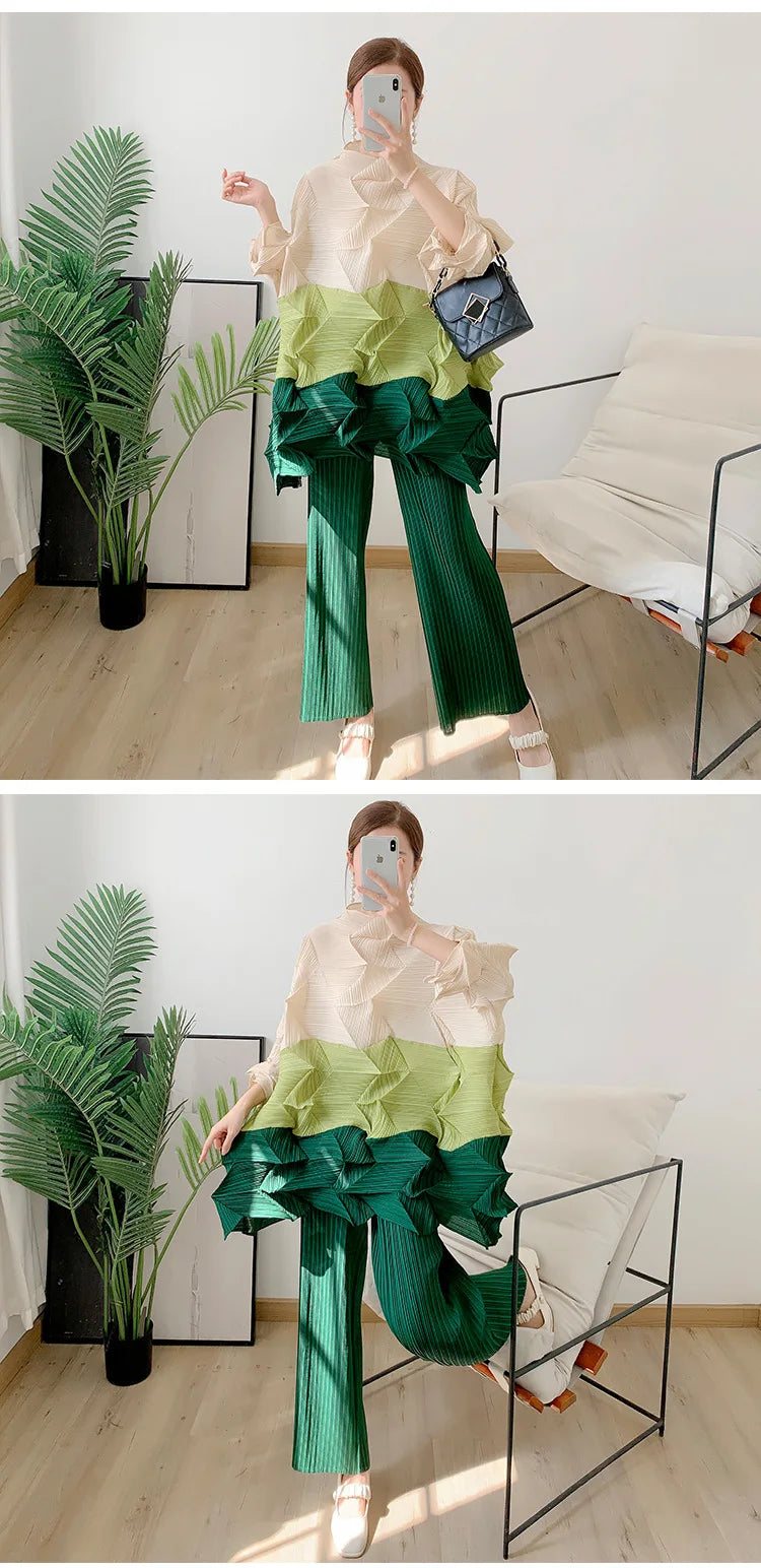 Miyake Diamond Pleated Two Piece Set Women Winter Outfits Elegant Causal Batwing Long Sleeve Three Colour Tos Straight Pants