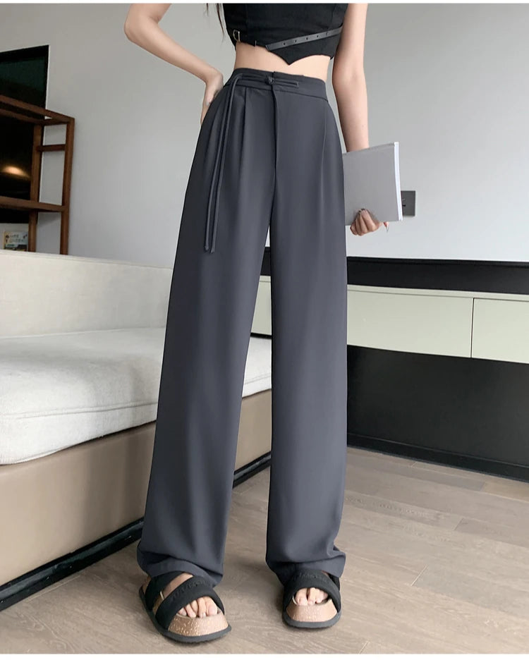 2025 New Spring Summer Tapered Wide Leg Suit Pants White High Waist Drop Hem Loose Straight Casual Slim Fit Trousers Female