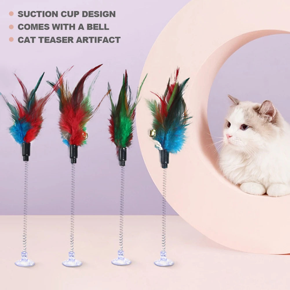 1pc Random Color Cat Feather Spring Ball Toy with Suction Cup Interactive Cat Teaser Wand Cat Toy Cat Scratcher Toy Cat Supplies