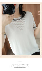 Women New Summer Short-sleeved Tees O-Neck Slim 100% Cotton Linen Hollow Pullover T-shirt Knitted Base Casual Sweater