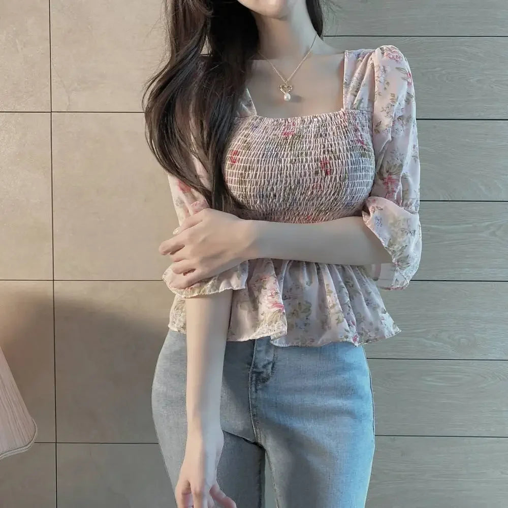 Chiffon Shirt for Women New Floral Flared Sleeves Wrapped in Chest and Waist to Make Them Look Slim Top for Women