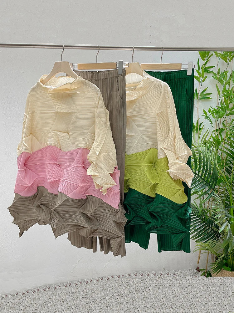 Miyake Diamond Pleated Two Piece Set Women Winter Outfits Elegant Causal Batwing Long Sleeve Three Colour Tos Straight Pants