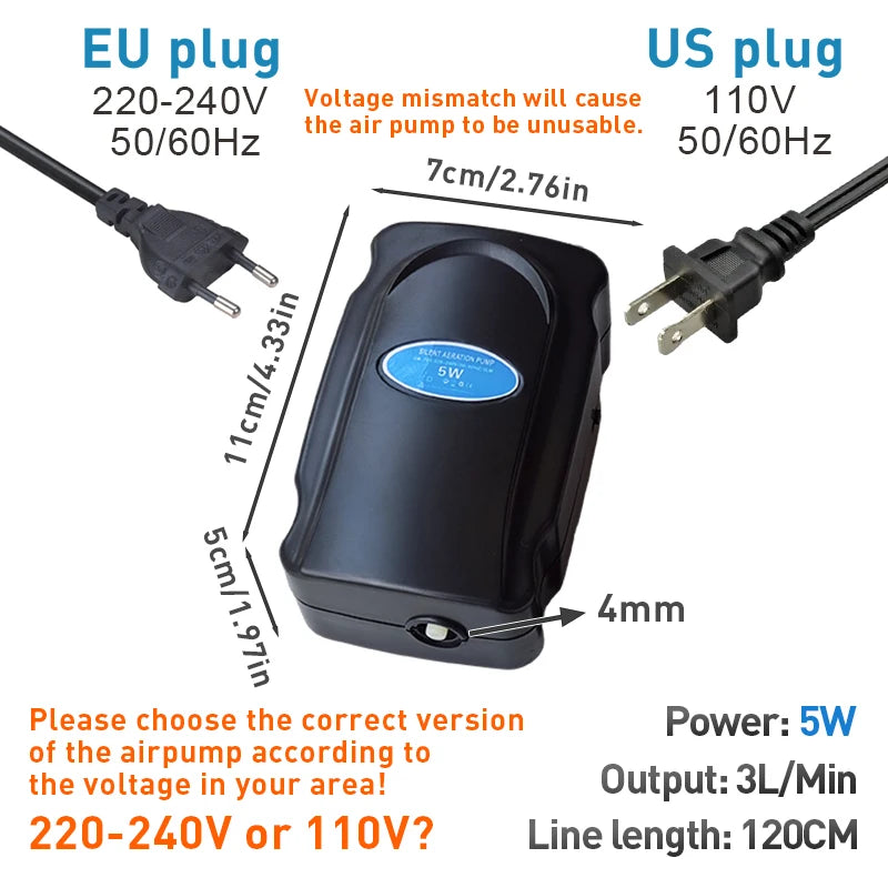 5W Aquarium Silent Air Pump 220V-240V 110V Fish Tank Quiet Oxygen Pump Accessories Bubble Pump Air Stone Aquarium Air Compressor