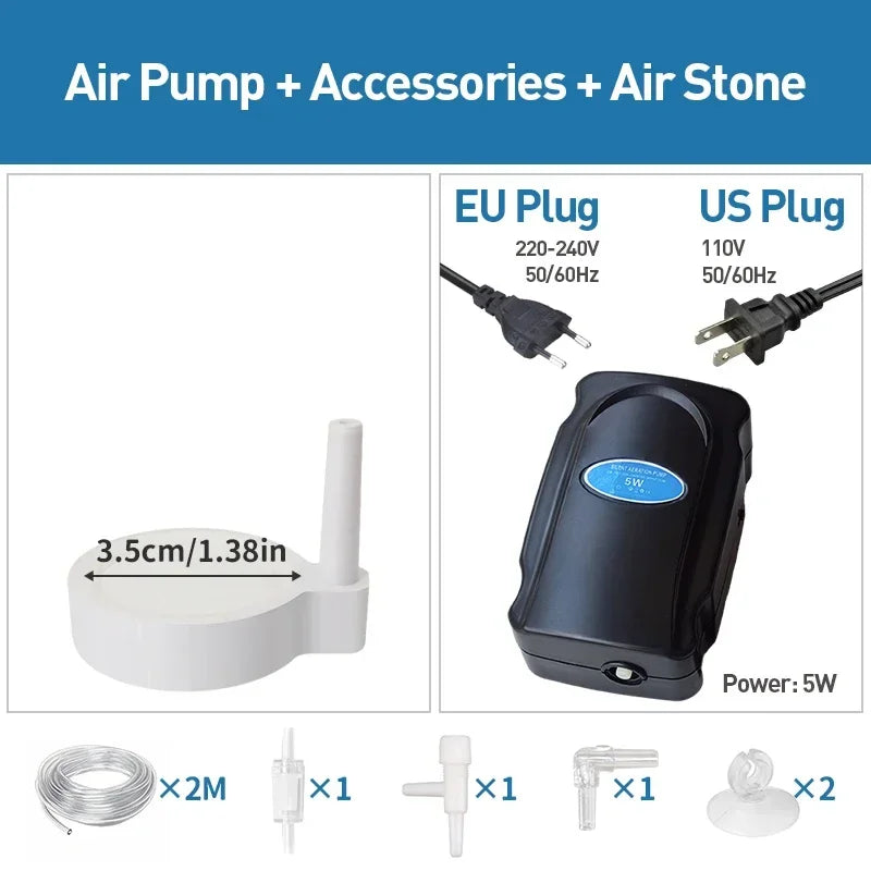 5W Aquarium Silent Air Pump 220V-240V 110V Fish Tank Quiet Oxygen Pump Accessories Bubble Pump Air Stone Aquarium Air Compressor