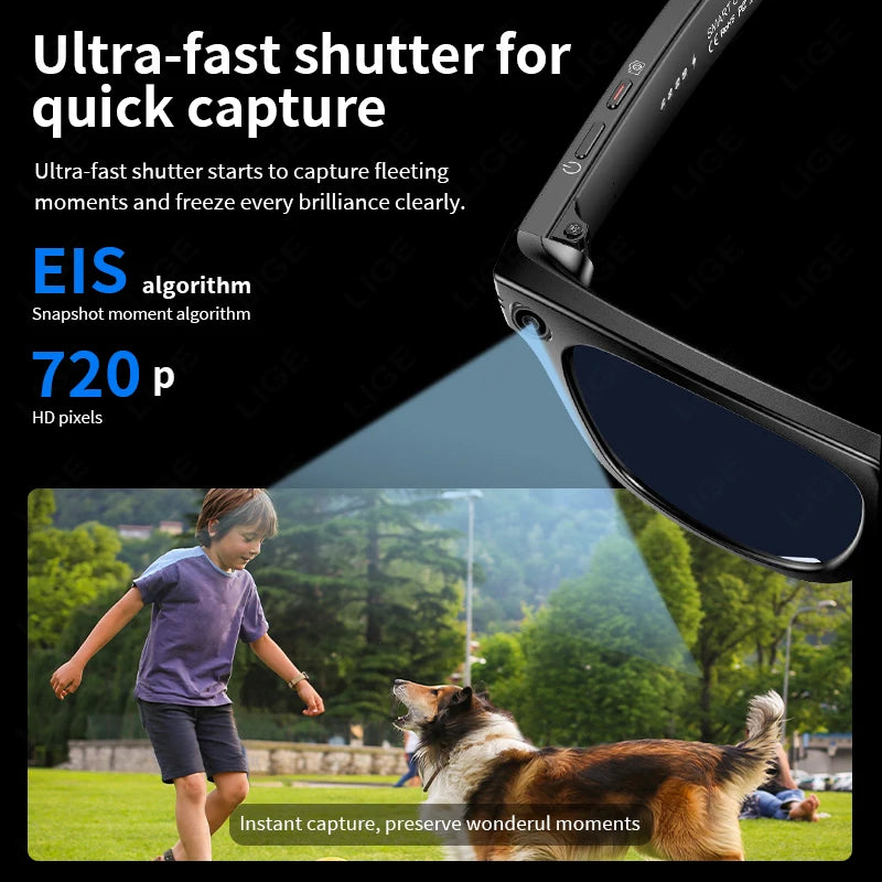 LIGE AI Smart Glasses 720P Camera Video Recorder Bluetooth Call 260mAh Battery Voice Assistant Control Sunglasses For Men Women