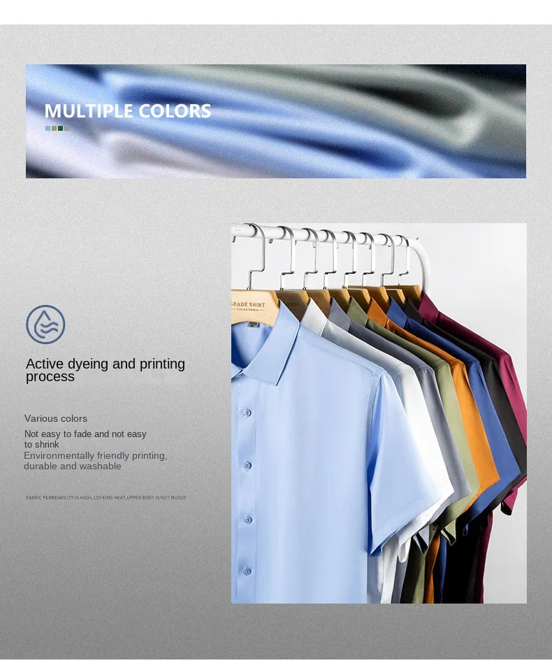 2023 Summer Short Sleeve High Density Silky Material Solid  Elastic Business Men Dress Shirts No Pocket Stretch Clothes