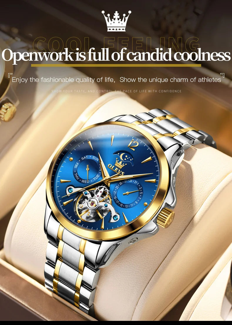 OLEVS 6663 Mens Watch Original Mechanical Watch Tourbillon Waterproof Luminous Leather Strap Moon Phase Day-Date Watch With Box