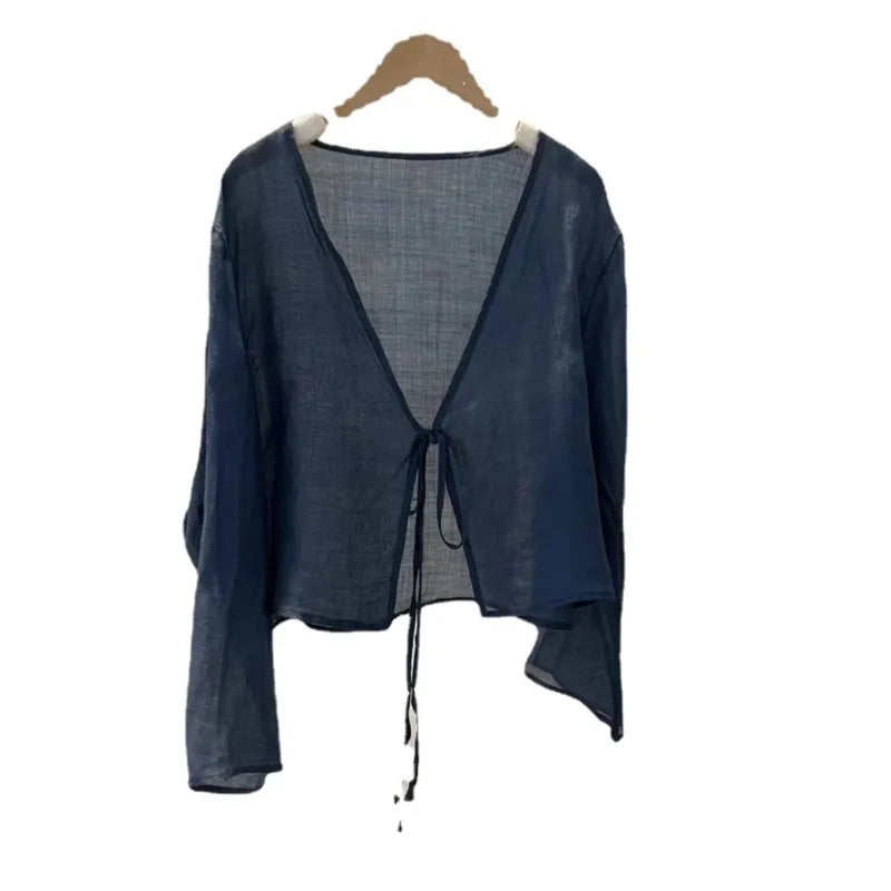 Johnature Original Vintage Chinese Style Linen Frenulum Shirt 2024 Summer Woman New V-Neck Long Sleeves Design Casual Shirt