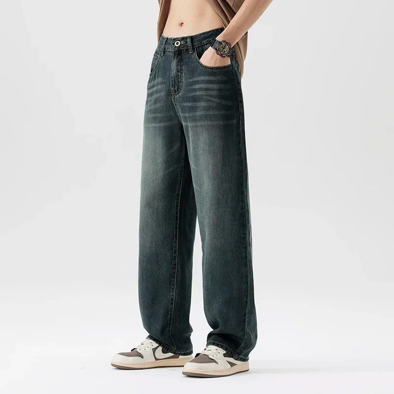 Spring Summer Thin Men's Loose Jeans Lyocell Draped Soft Fashion Loose Pants Streetswear Vintage Straight Y2K Denim Trousers