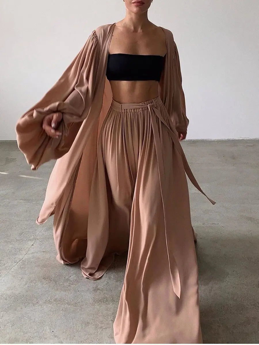 Spring Summer Women's 3pcs Suit Sexy Puff Sleeve Jacket Ladies Temperamental Commute Wide Leg Trousers Fashion Sets 2025 New