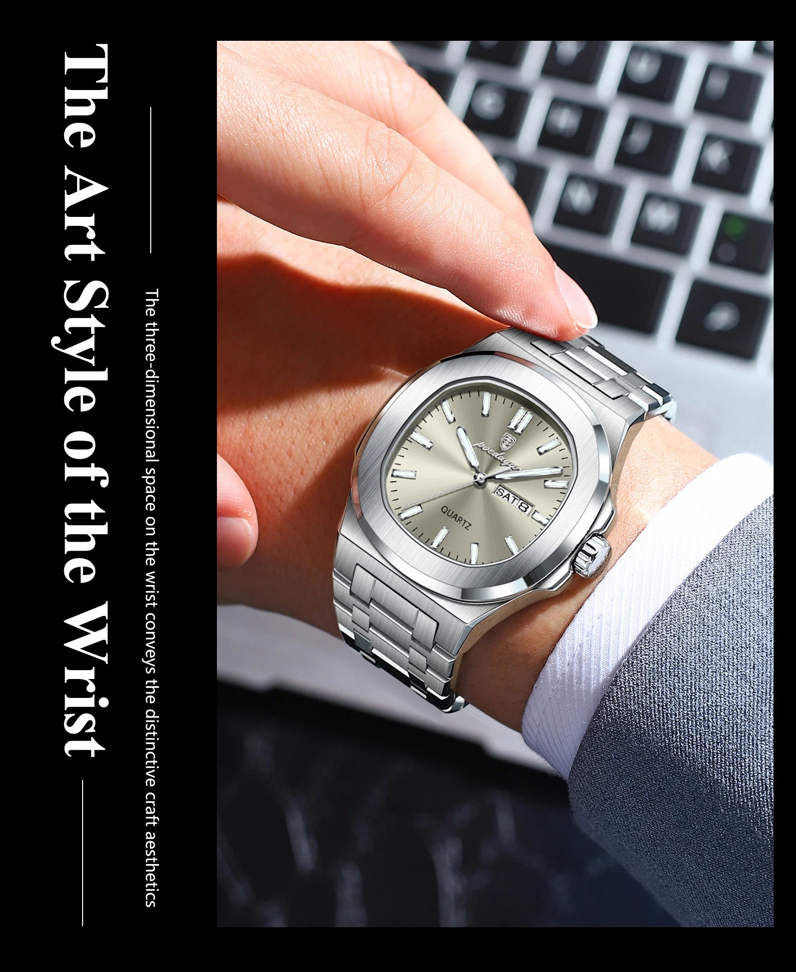 POEDAGAR Trendy Casual Wristwatch For Men Week Date Stainless Steel Man Watch Luminous Waterproof Luxury Quartz Men Watches+Box