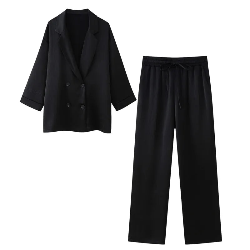 KWTX 2025 Spring Women’s Two Piece Set Solid Pleated V Neck Blazer & Wide Leg Pants Elegant Luxury High Quality Office Set