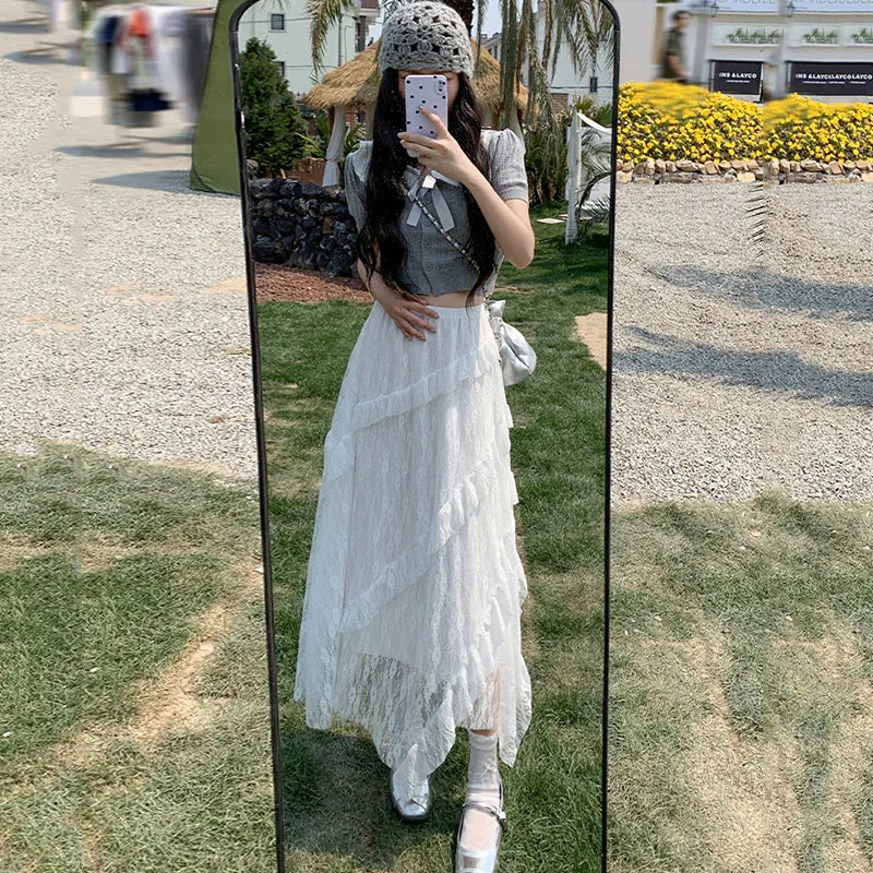 White Lace Irregular Maxi Skirts Women Vintage Ruffles Spliced A-Line Skirts Woman Summer Design Sheer High Waist Cake Skirt