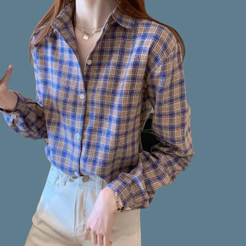 Vintage All-match Plaid Shirt for Female 2022 Spring Women's Clothing Korean Simple Turn-down Collarlong Sleeve Casual Blouses