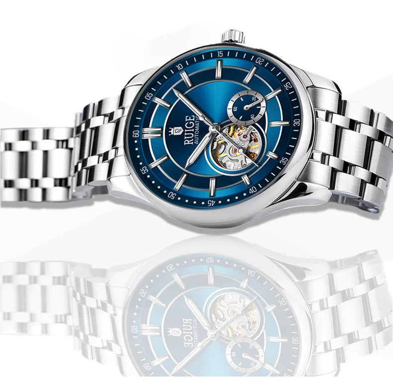 RUIGE High Quality Hollow Mechanical Movement Men's Watch Stainless Steel Fashion Men's Night Light Waterproof Watch