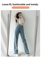 Design Sensibility High-Waisted Slimming Jeans Loose-Fit Straight-Leg Women's Korean Style Tie-Detail Wide-Leg Casual Trousers