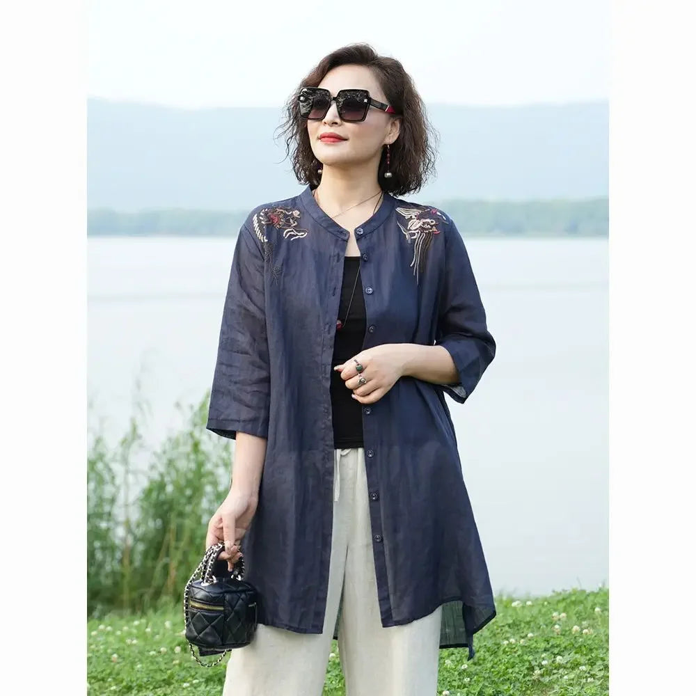 Spring and Summer Retro Embroidered Cotton Linen Shirt Stand Collar Mid-length Temperament Noble Mother Casual Jacket for Women