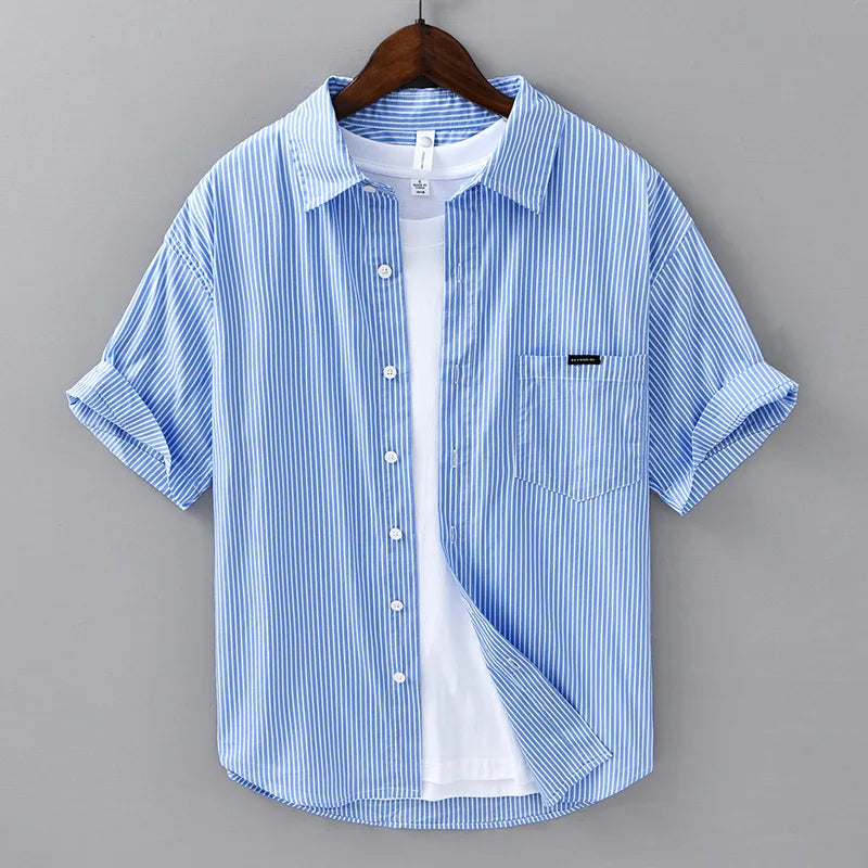 2025 Spring Summer New Casual Striped Cotton Short Sleeve Shirts for Men Clothing Soft Turn-down Collar Shirts DCC03