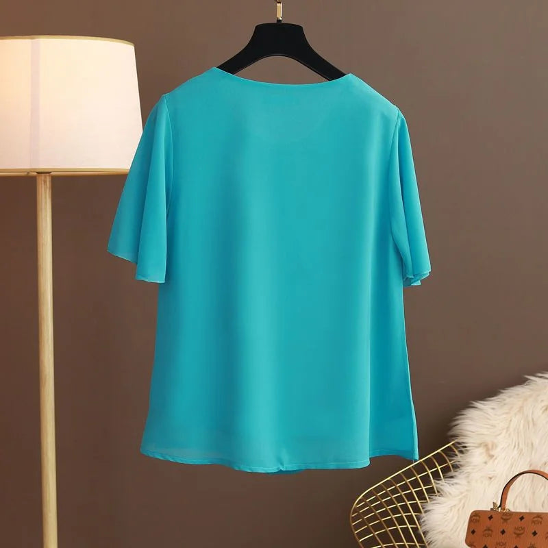 Women Blouse And Tops Summer Short Sleeve Chiffon T-shirt Middle Age Female Fashion Pullover Tshirts Shirts Large Size L-6XL
