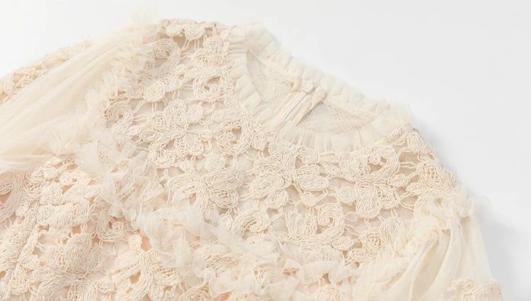 LD LINDA DELLA Fashion Designer Summer Dress Women's Vintage Solid Color Temperament Net Yarn Embroidery Cascading Ruffle Dress
