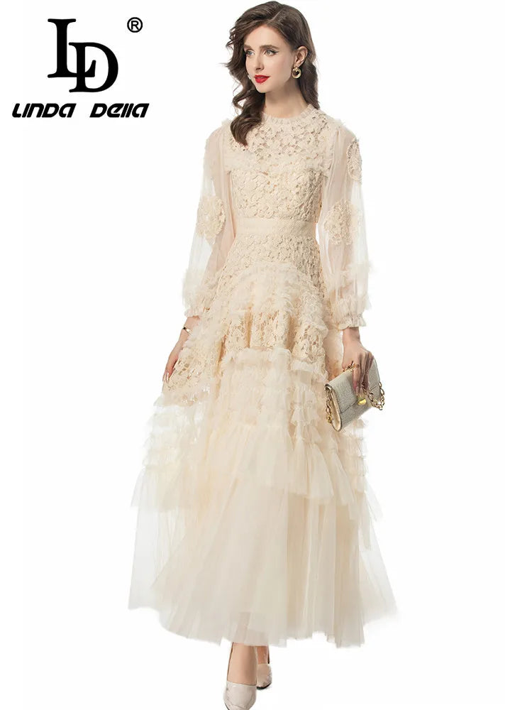 LD LINDA DELLA Fashion Designer Summer Dress Women's Vintage Solid Color Temperament Net Yarn Embroidery Cascading Ruffle Dress