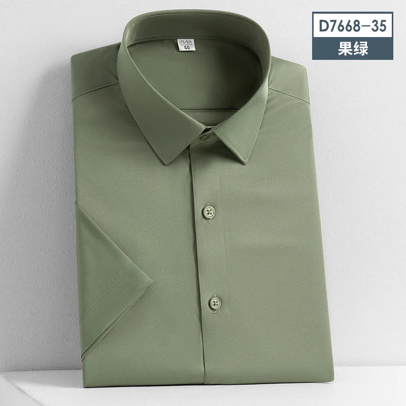 2023 Summer Short Sleeve High Density Silky Material Solid  Elastic Business Men Dress Shirts No Pocket Stretch Clothes