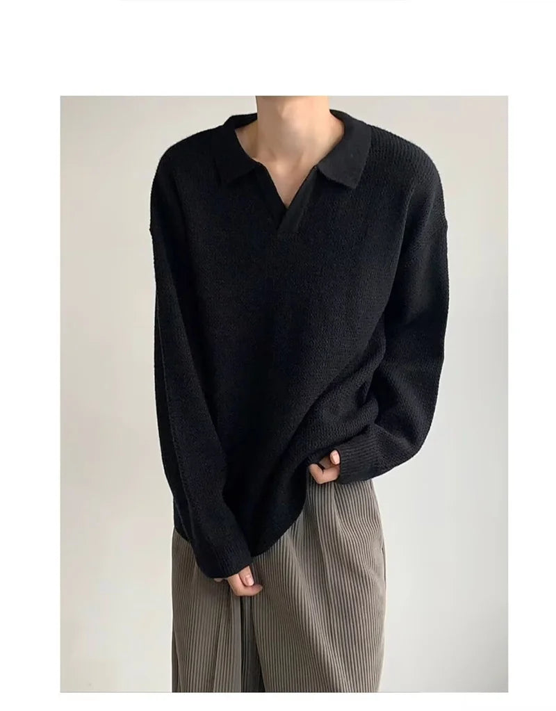 Korean Fashion V-neck Pullover Sweater Men's Casual Long Sleeve Knitted Polo Shirts Y2K Vintage Lapel Knitwear jersey hombre