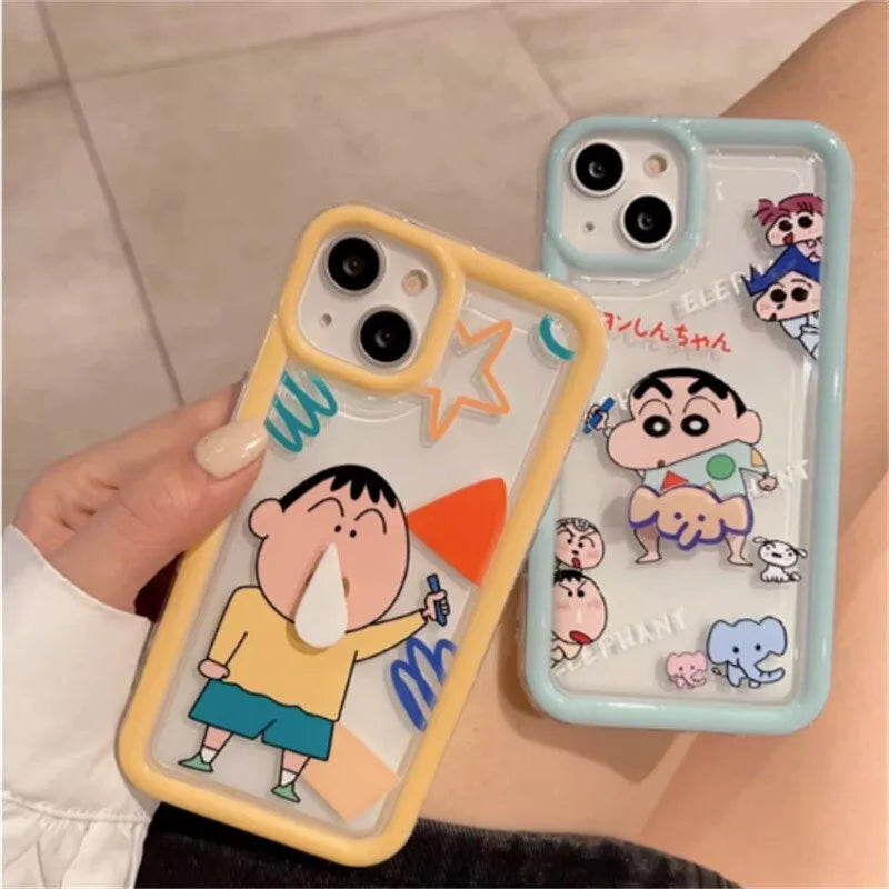 3D Rotating Crayons Shin-Chans Phone Case For IPhone 16 15 14 Pro Max Plus 11 13 12 Mini Pro Max Cover Airbag Clear Soft Casing