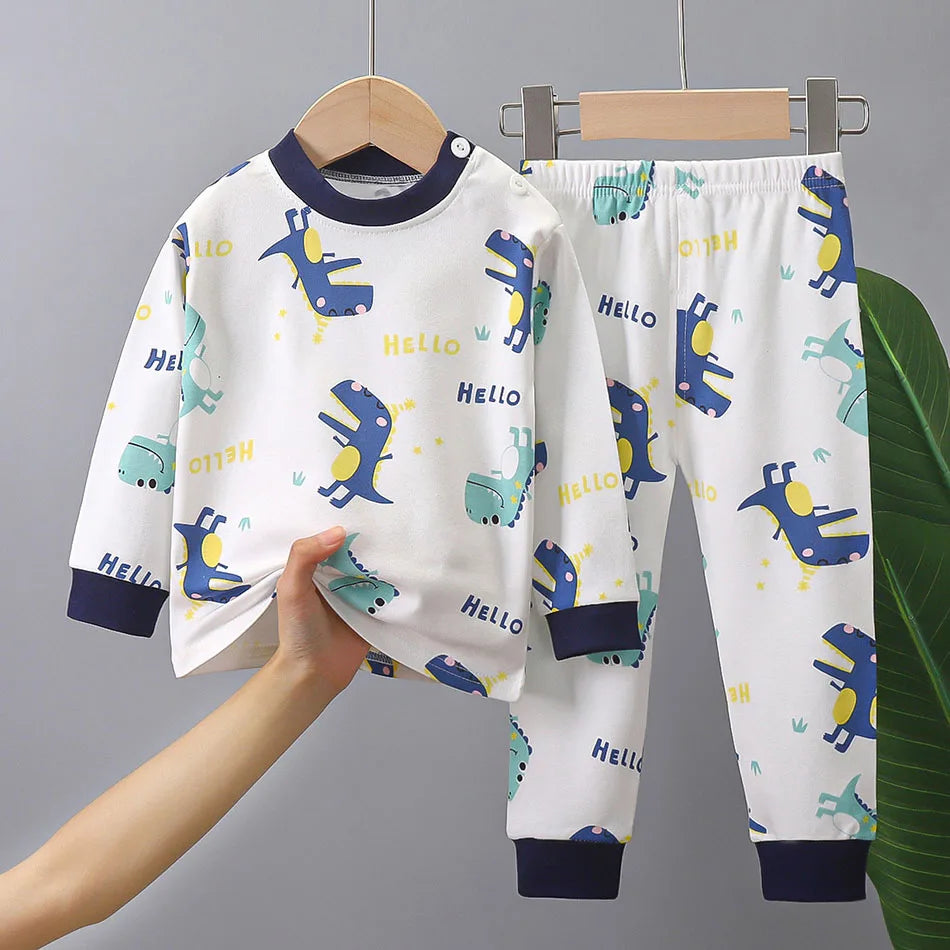 Spring Autumn Sleepwear Kids Comfort Cotton Pajamas Set Durable and Soft Unisex Cartoon Dinosaur for Boy Girl Children Clothes