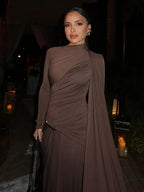 Fashion Brown Pleated Long Sleeve Dress Women Elegant O-neck Bodycon Prom Robes 2025 New Summer Lady Street Party Dresses