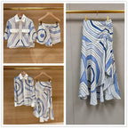 Elegant 2025 Summer Women's Geometric Print Contrasting Collar Shirt+Shorts+Long Sleeved Shirt+Pleated Skirt Set