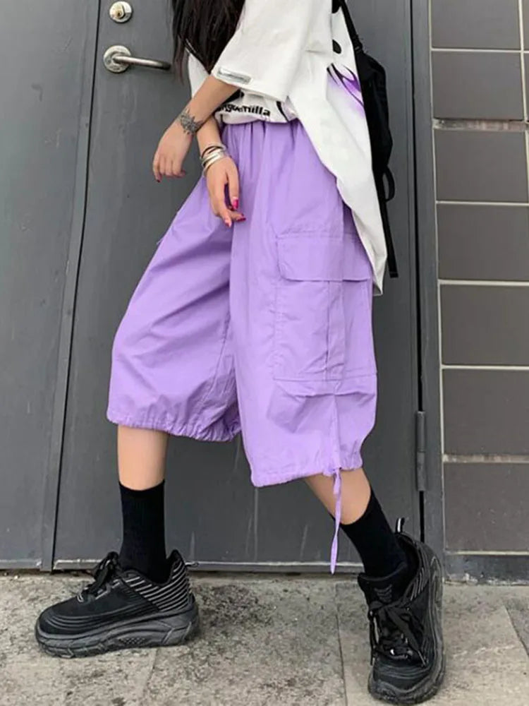 Zoki Streetwear Harajuku Oversize Bf Cargo Shorts Hip Hop Fashion High Waist Women Big Pockets Casual Shorts Summer Loose Shorts