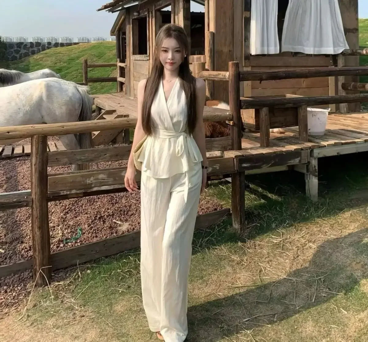 Irregular V-neck Cross Halter Vest Wide-leg Trousers for Women Summer New Suit