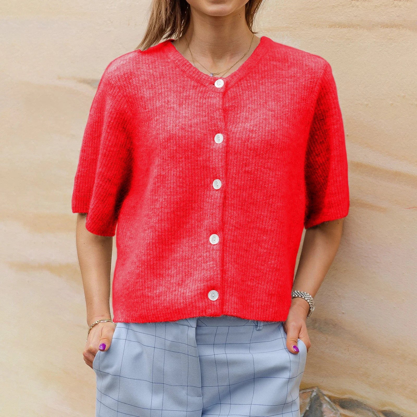 2000s Sweaters y2k Clothes Women Solid Color Round Neck Single Breasted Short Sleeve Cardigan Tops Fashion Streetwear
