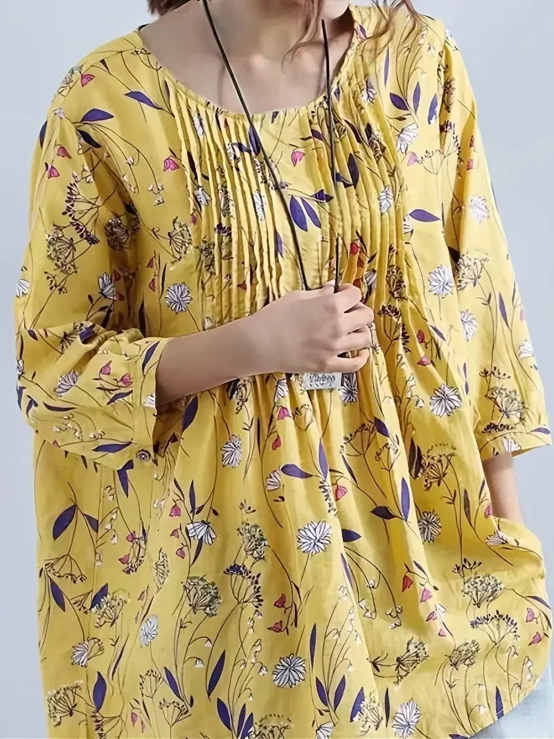 Plus Size 1XL-5XL Women's   Fashion Floral Printed 3/4 Sleeve Blouse Shirt Ladies Casual Loose Retro Color Shirt Blouse Tops