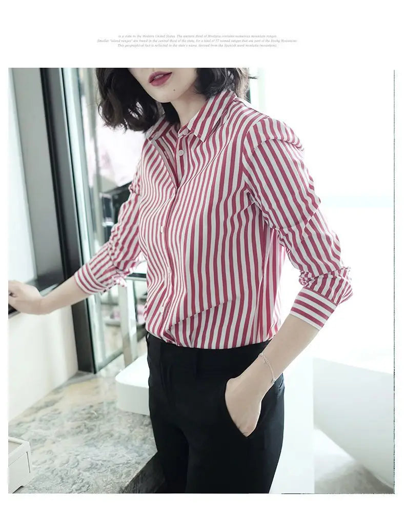 Women's Clothing Commute Striped Shirt 2025 New Spring Autumn Long Sleeve Fashion Single-breasted Casual Turn-down Collar Blouse