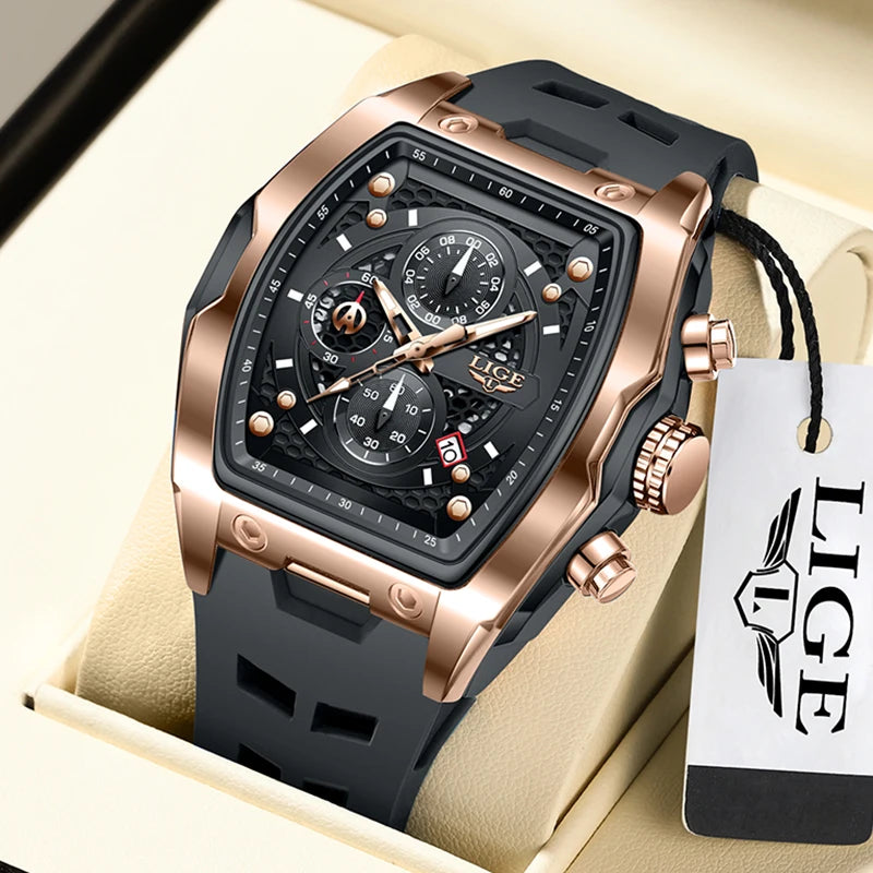 LIGE Quartz Mens Watches Fashion Business Military Wrist Watch For Men Silicone Sport Waterproof Chronograph Square Watch Men