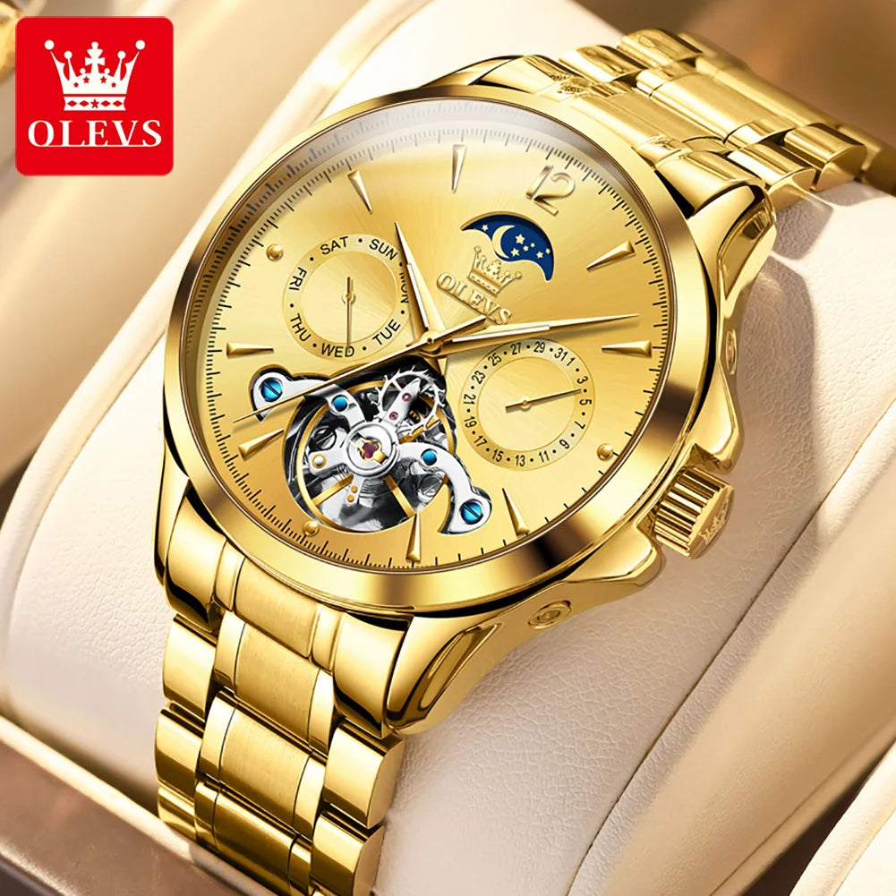OLEVS 6663 Mens Watch Original Mechanical Watch Tourbillon Waterproof Luminous Leather Strap Moon Phase Day-Date Watch With Box
