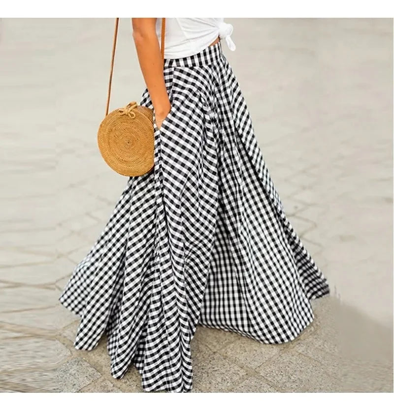 Elegant High-Waisted Long Dress For Women Summer New Arrival Commuting Plaid Big Skirt Wide Leg Design Female Fashion