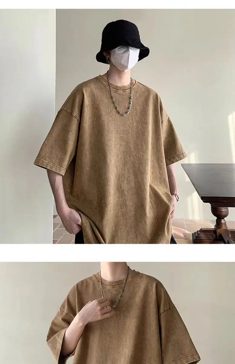 2025 summer European code wash heavy short sleeve T-shirt for young men pure cotton solid color loose retro round neck half slee