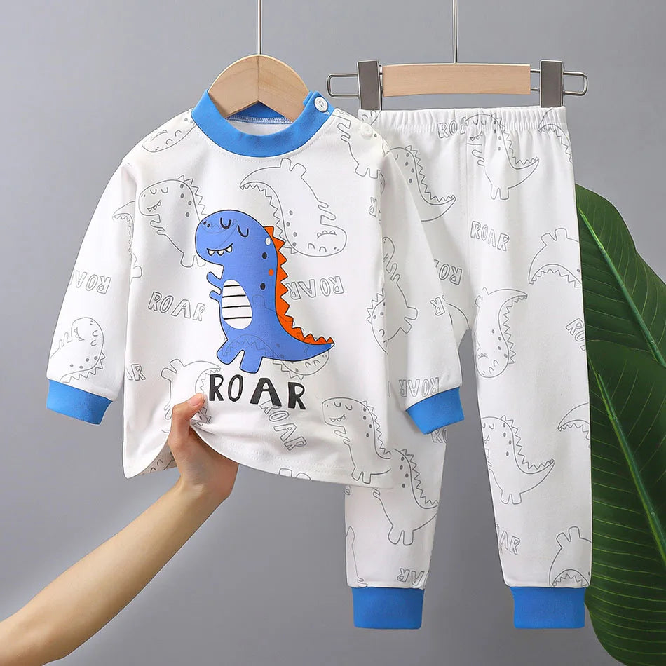 Spring Autumn Sleepwear Kids Comfort Cotton Pajamas Set Durable and Soft Unisex Cartoon Dinosaur for Boy Girl Children Clothes