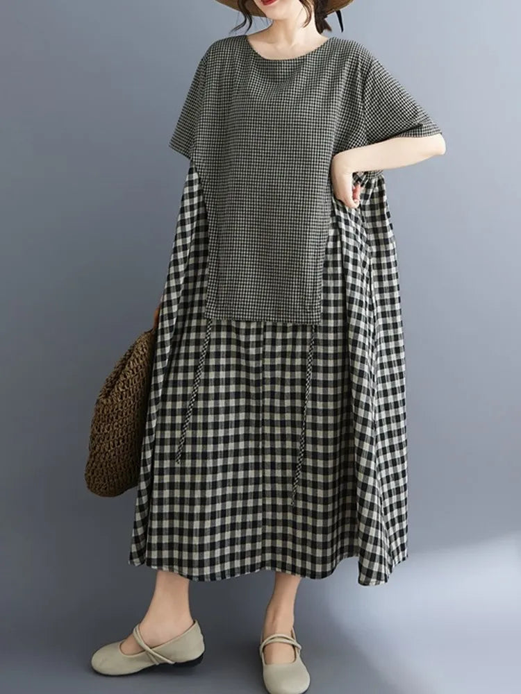 Short sleeve oversized vintage plaid patchwork new in dresses for women casual loose long summer dress elegant clothing 2025